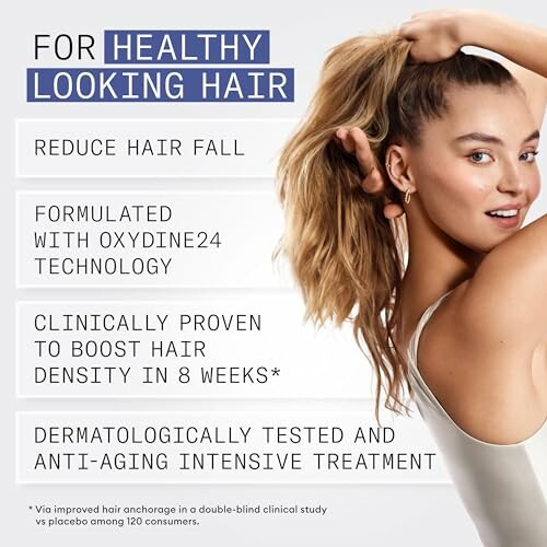 Woman holding hair with text promoting healthy hair benefits.