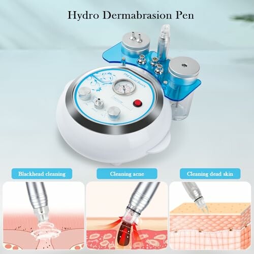 Hydro dermabrasion pen with functions for blackhead cleaning, acne cleaning, and dead skin cleaning.