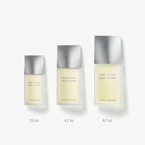 Three Issey Miyake L'Eau d'Issey Pour Homme perfume bottles in different sizes.