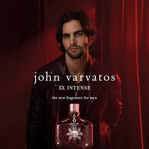 John Varvatos XX Intense fragrance ad with a man in a leather jacket.