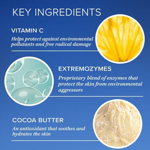 Key ingredients in skincare: Vitamin C, Extremozymes, Cocoa Butter.
