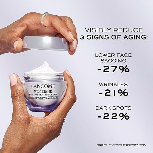 Hands holding Lancôme Rénergie anti-aging cream with reduction statistics for sagging, wrinkles, and dark spots.