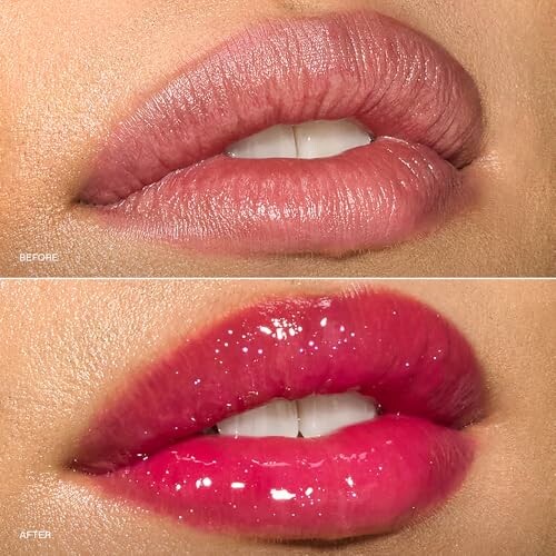 Comparison of lips before and after applying lip gloss.