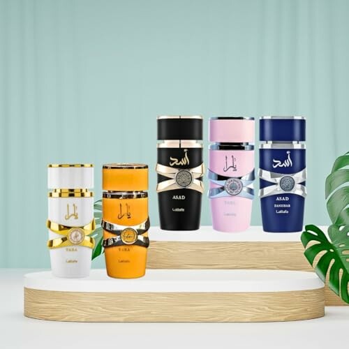 Collection of luxury perfume bottles on a display stand with a plant in the foreground.