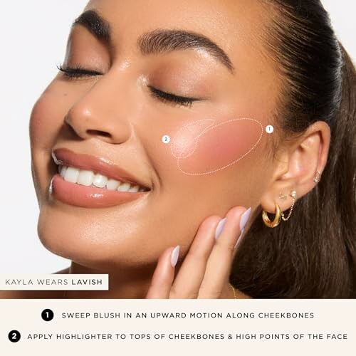 Woman applying blush and highlighter on cheekbones.