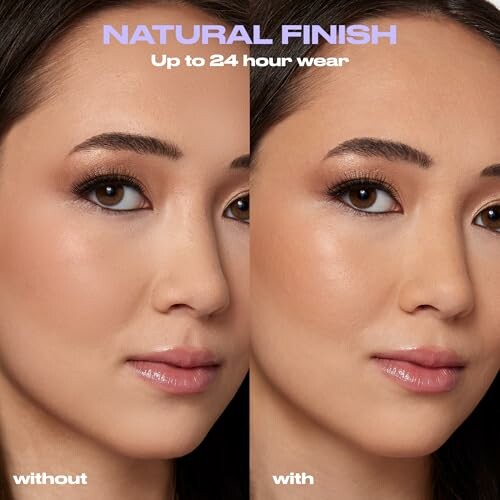 Side-by-side comparison of a woman's face with and without makeup, showcasing a natural finish and up to 24-hour wear.