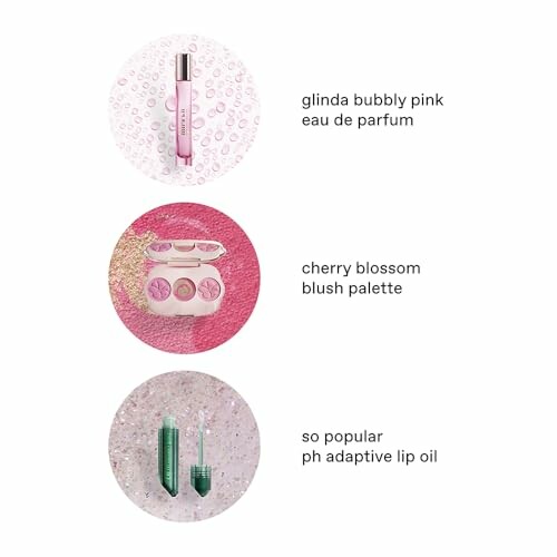 Three makeup products: Glinda Bubbly Pink Eau de Parfum, Cherry Blossom Blush Palette, and So Popular pH Adaptive Lip Oil.