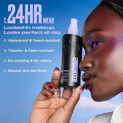 Woman holding makeup setting spray with benefits listed.