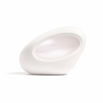 Minimalist white soap dispenser with a sleek design.