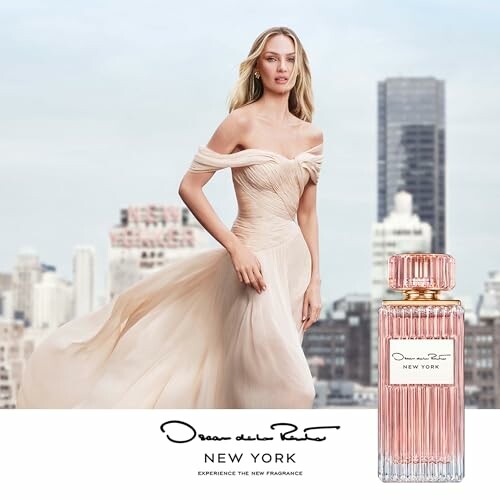 Oscar de la Renta New York perfume ad with model in city backdrop.