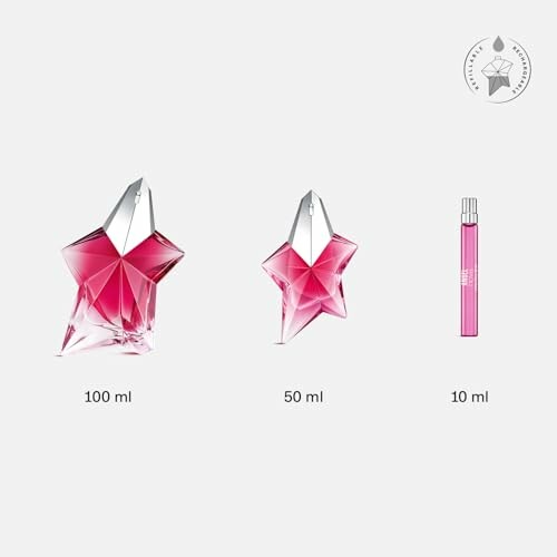 Three pink star-shaped perfume bottles in different sizes.