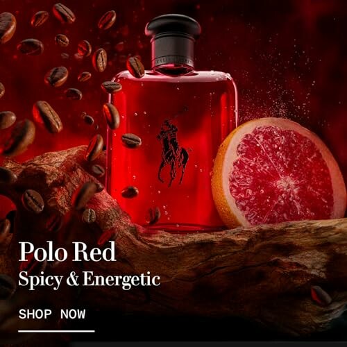 Polo Red fragrance bottle with coffee beans and grapefruit.