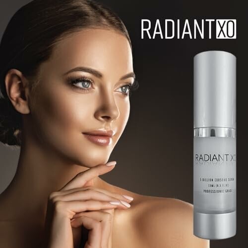 Woman with radiant skin and Exosome Serum bottle
