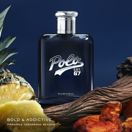 Ralph Lauren Polo perfume bottle with pineapple, wood, and amber accents.
