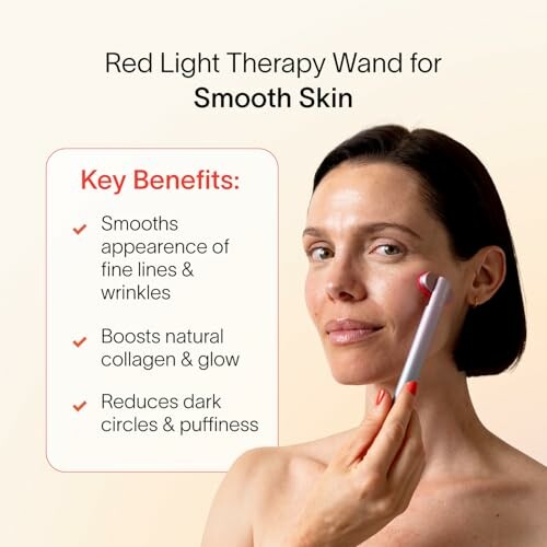 Woman using a red light therapy wand on her face for smooth skin benefits.
