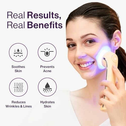 Woman using a skincare device with benefits icons and text.