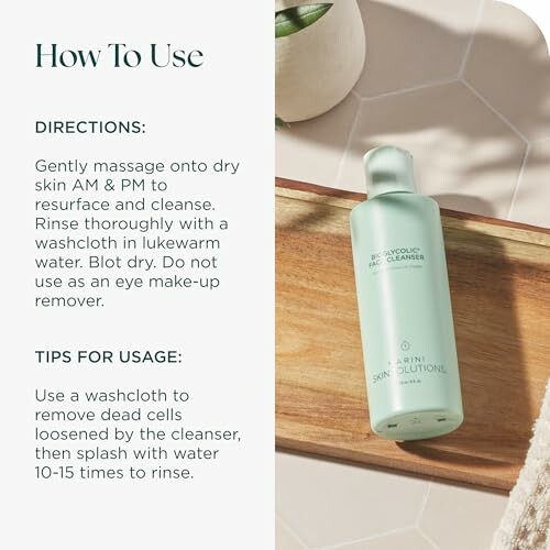 Instructions for using a facial cleanser with a product bottle on a wooden surface.