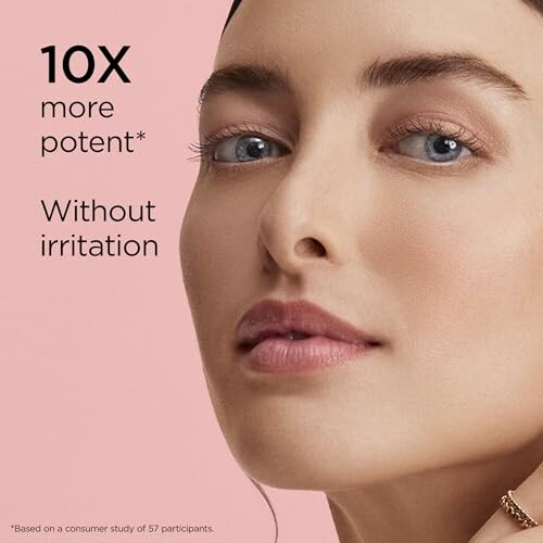 Close-up of a woman's face with text about skincare potency and irritation.