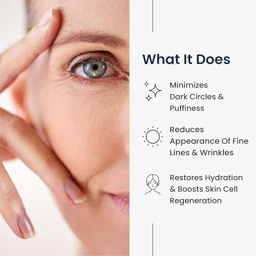 Skincare benefits infographic highlighting reduction of dark circles, fine lines, and hydration.
