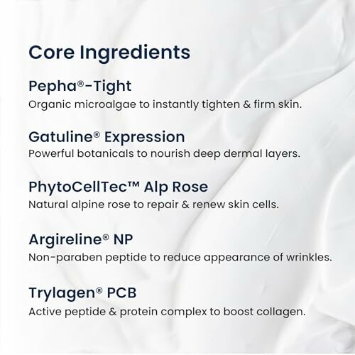 List of core ingredients in skincare product with descriptions.