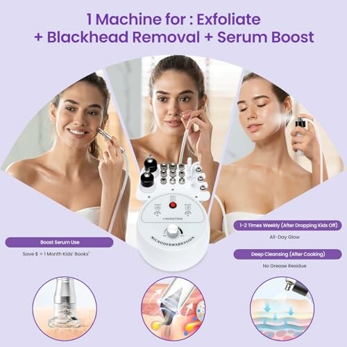 Skincare device for exfoliation, blackhead removal, and serum boost.