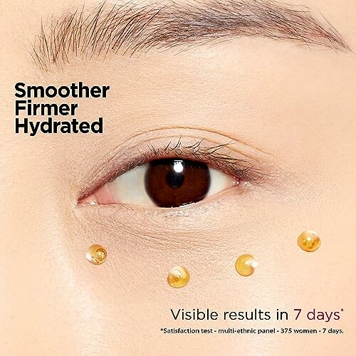 Close-up of an eye with skincare product applied, promoting smoother, firmer, hydrated skin.
