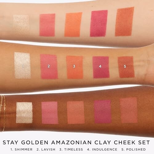 Five swatches of different blush shades on two arms with shade names: Shimmer, Lavish, Timeless, Indulgence, Polished.
