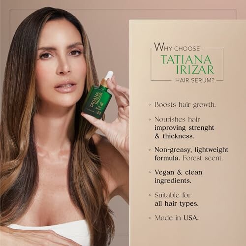 Woman holding Tatiana Irizar hair serum bottle with product benefits listed.