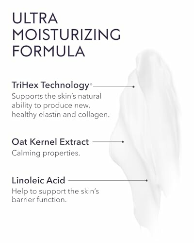 Infographic describing an ultra moisturizing formula with TriHex Technology, Oat Kernel Extract, and Linoleic Acid.
