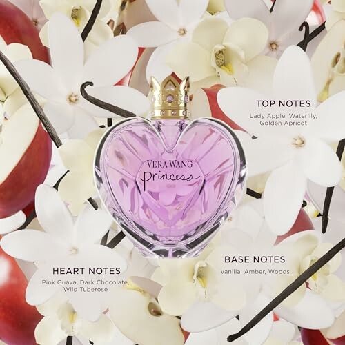 Vera Wang Princess perfume bottle with floral and fruit background, highlighting fragrance notes.