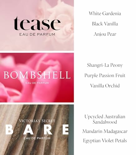 Victoria's Secret perfumes: Tease, Bombshell, and Bare with their scent notes.