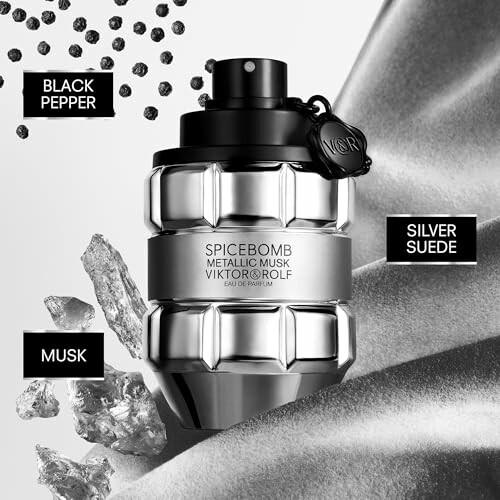 Viktor & Rolf Spicebomb Metallic Musk bottle with black pepper, musk, and silver suede elements.