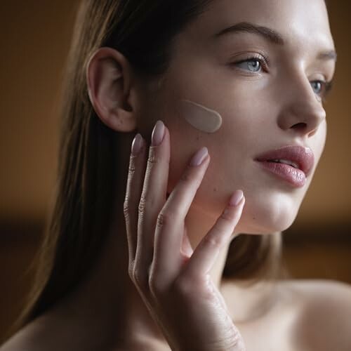 Woman applying skincare product to her face.